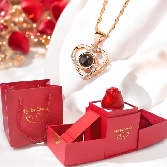 HotRose Conjunto con collar “te amo el 100 idiomas” en caja de rosa ascendente - [PROMOCIÓN DISPONIBLE SOLO HOY]