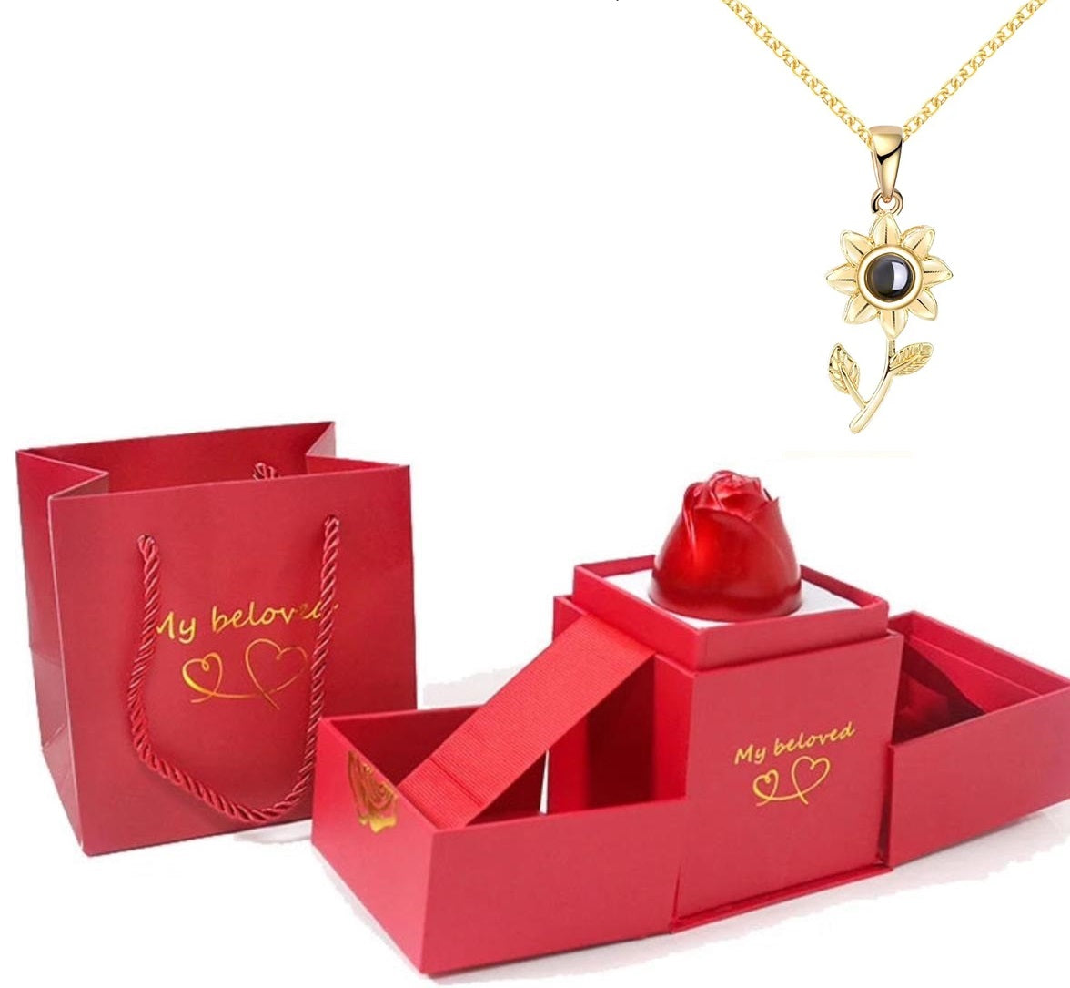 HotRose Conjunto con collar “te amo el 100 idiomas” en caja de rosa ascendente - [PROMOCIÓN DISPONIBLE SOLO HOY]